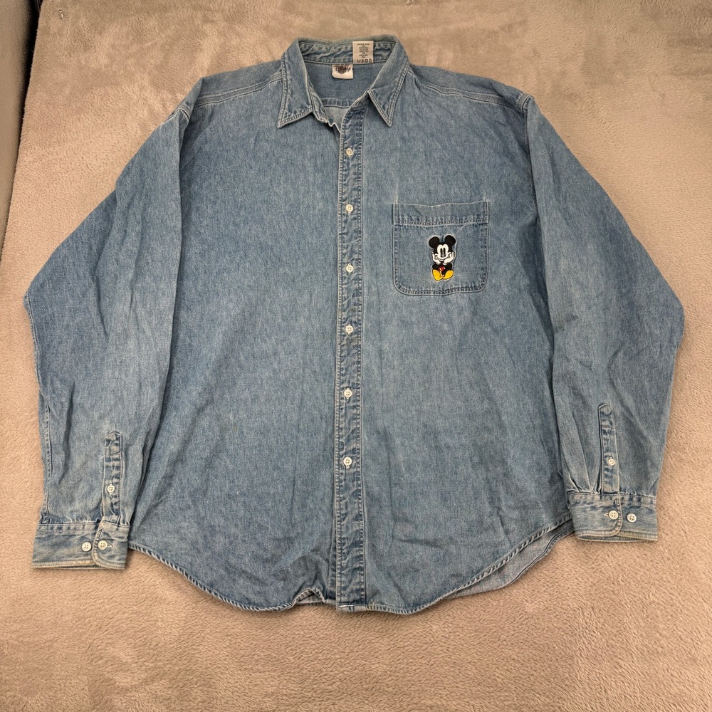 VTG 90s Disney Catalog Mickey Mouse Denim Button Up Shirt Mens 2XL Blue Flaws